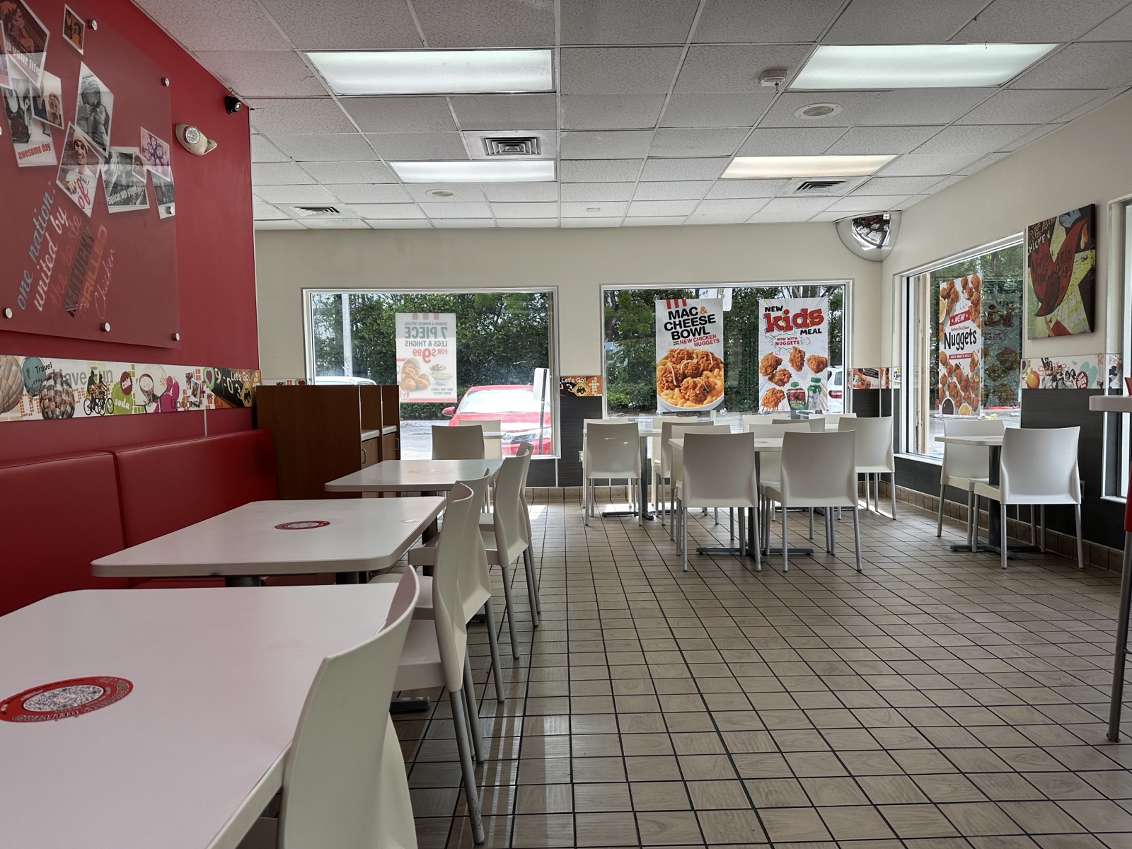 Tables and chairs in a KFC dining room in Miami
